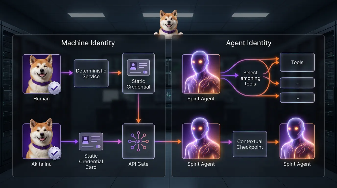 Machine identity proves a static workload; agent identity requires contextual action controls Machine identity versus agent identity in a split technical board with deterministic service flow on one side and contextual agent tool selection on the other