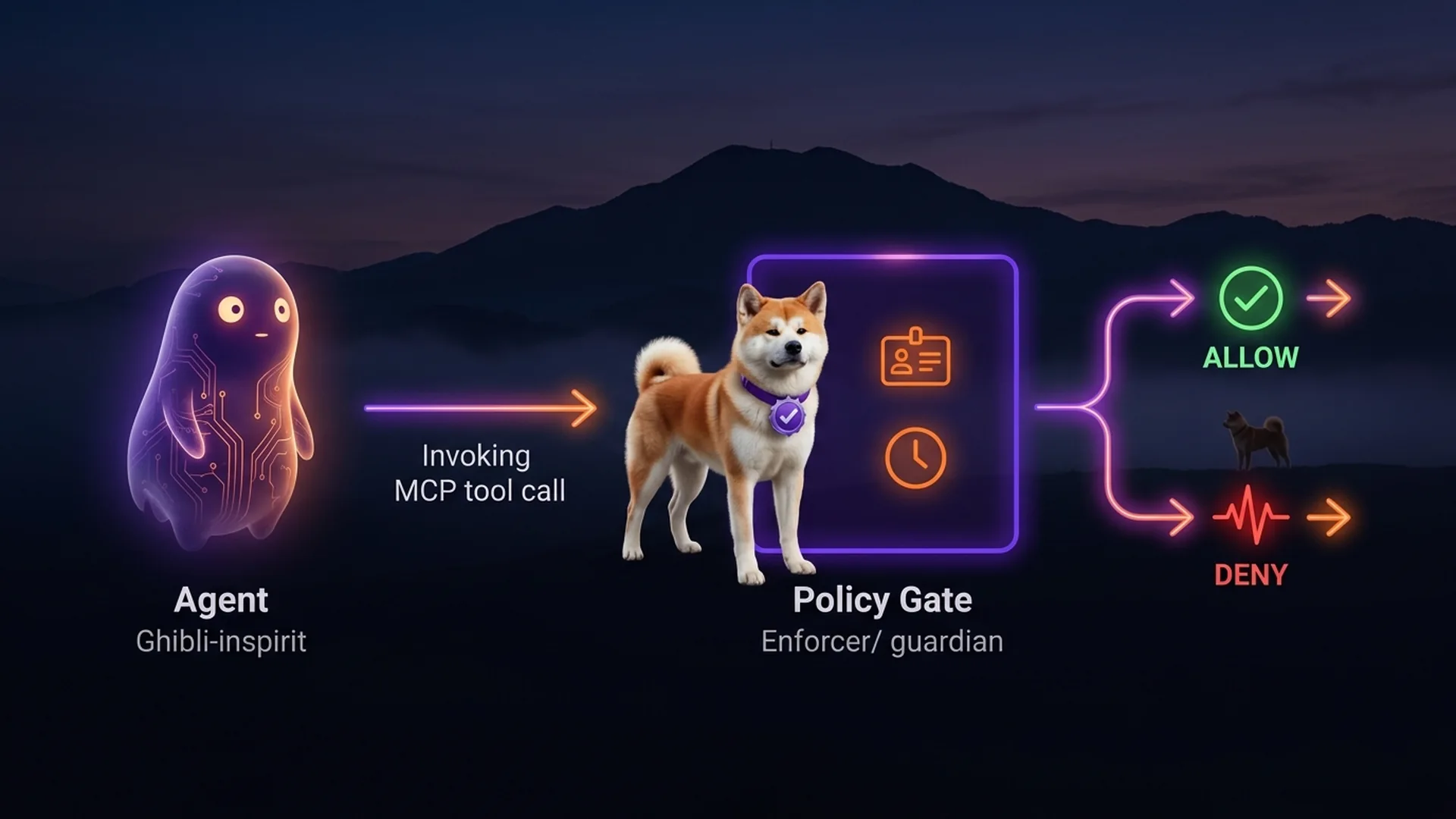 Action-time authorization — every MCP tool invocation checked against identity, context, and explicit policy Action-time authorization flow: a left-to-right framed panel showing an agent invoking an MCP tool, hitting a policy decision point with identity and context check, then receiving allow or deny