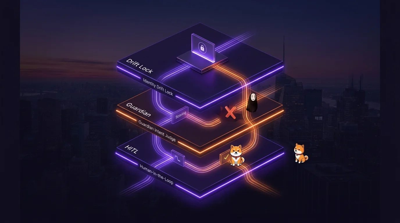 Three layers: drift lock → Guardian → HITL on writes Three-layer defense stack: identity drift lock at top, Guardian intent-alignment judge in middle, human-in-the-loop gate on writes at bottom — isometric layered enforcement model