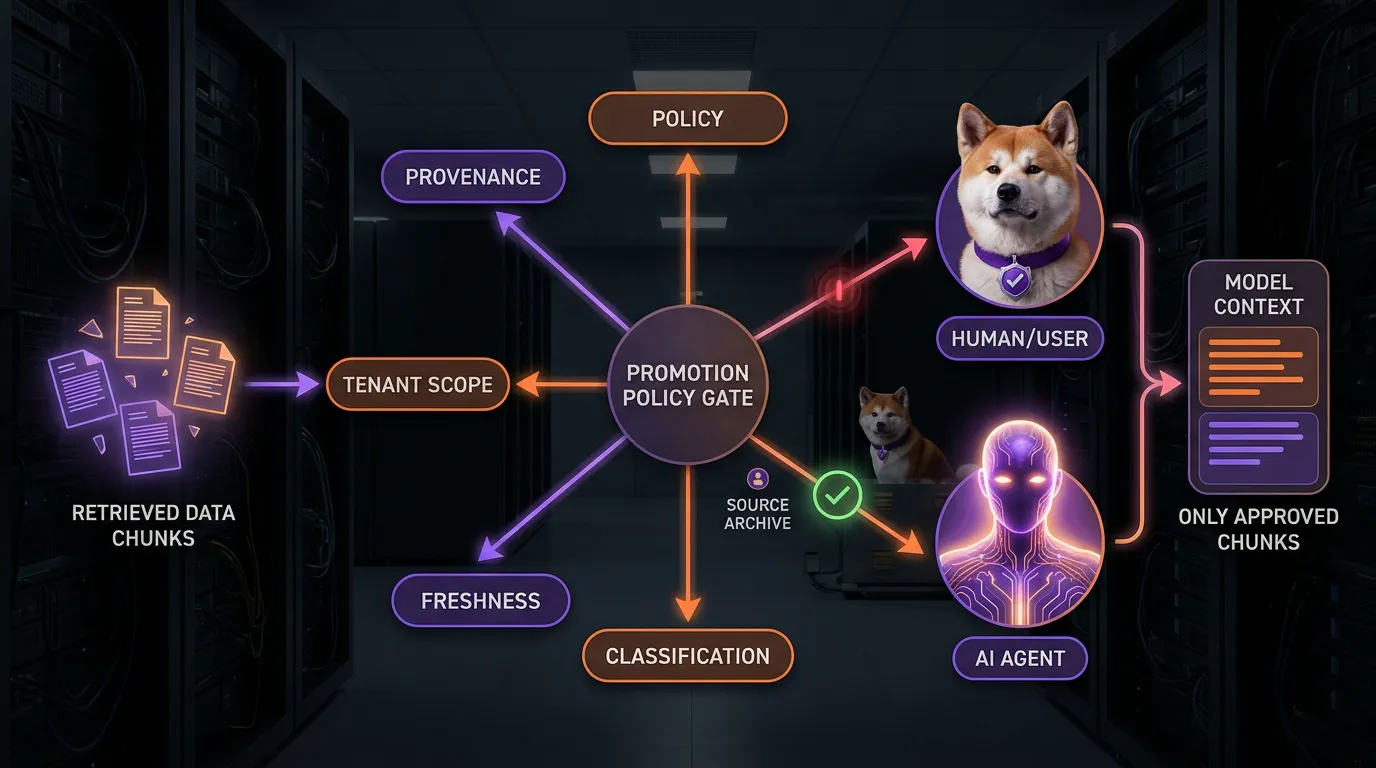 RAG promotion gates evaluate trust before context gains authority A hub-and-spoke promotion policy gate evaluates provenance, tenant scope, freshness, classification, and policy before retrieved content enters model context.