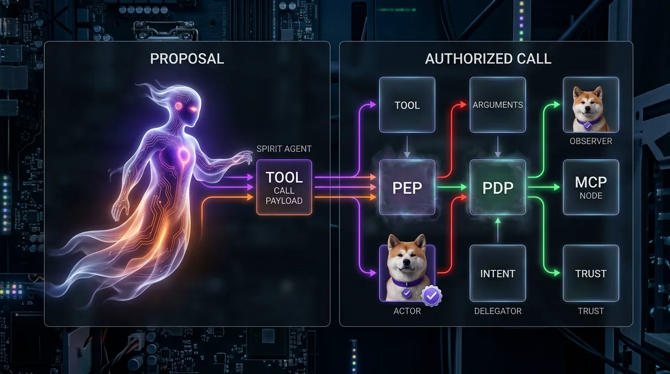MCP action gates: proposal is not permission A split-board diagram contrasts a raw model proposal with an authorized MCP tool call that passes PEP/PDP checks for tool, arguments, actor, delegator, intent, and trust.