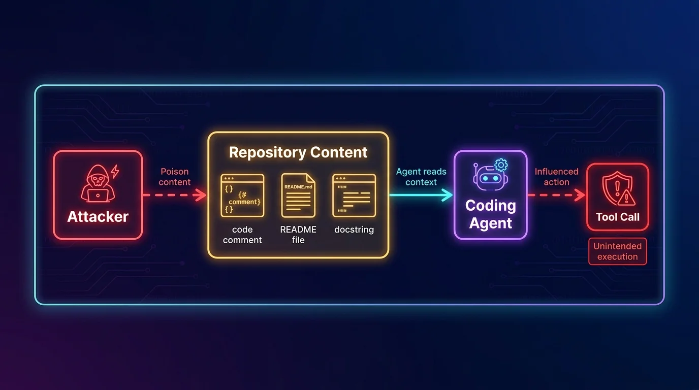 Indirect prompt injection through repository content Indirect prompt injection attack path: attacker poisons repository content, coding agent reads it as context, and is influenced into an unintended tool call