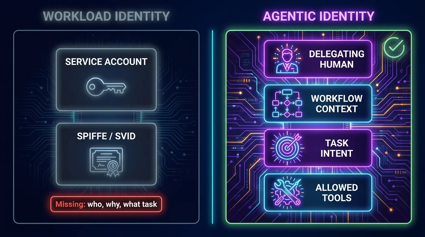 Workload identity identifies the workload. Agentic identity explains the delegation. Workload identity vs agentic identity: left panel shows a service account and SPIFFE credential as insufficient; right panel shows the four components of agentic identity — delegating human, workflow context, task intent, and allowed tools