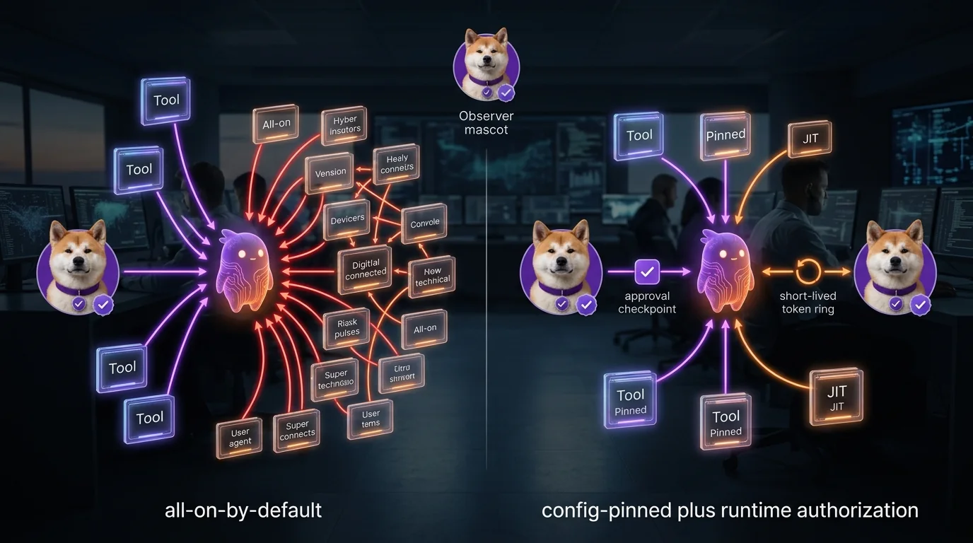 All-on defaults maximize convenience; pinned plus JIT grants shrink blast radius Split-comparison technical diagram showing all-on-by-default risk on one side and pinned-plus-JIT authorization on the other