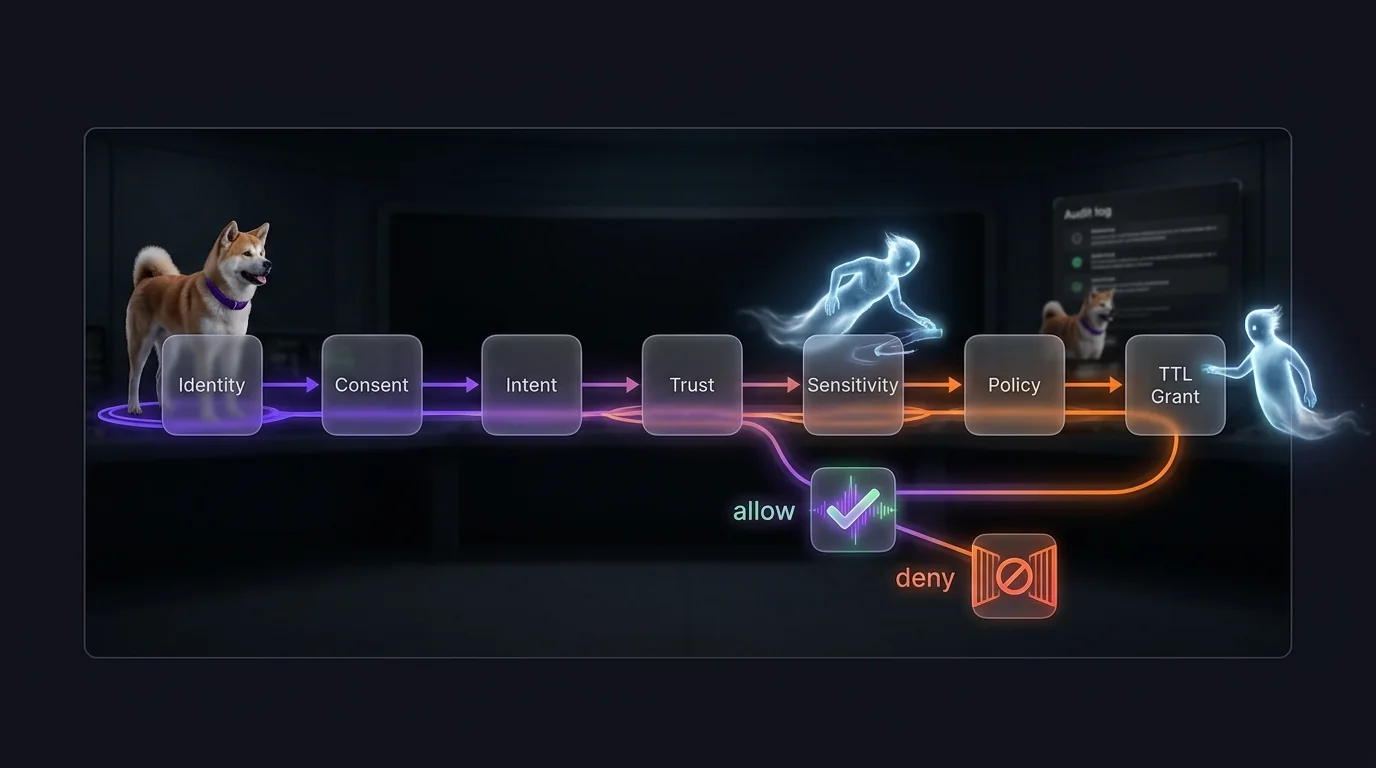 JIT grants should evaluate identity, consent, intent, trust, sensitivity, policy, and TTL before execution Flow-panel diagram of JIT authorization sequence with identity, consent, intent, trust, sensitivity, policy, and TTL grant checkpoints